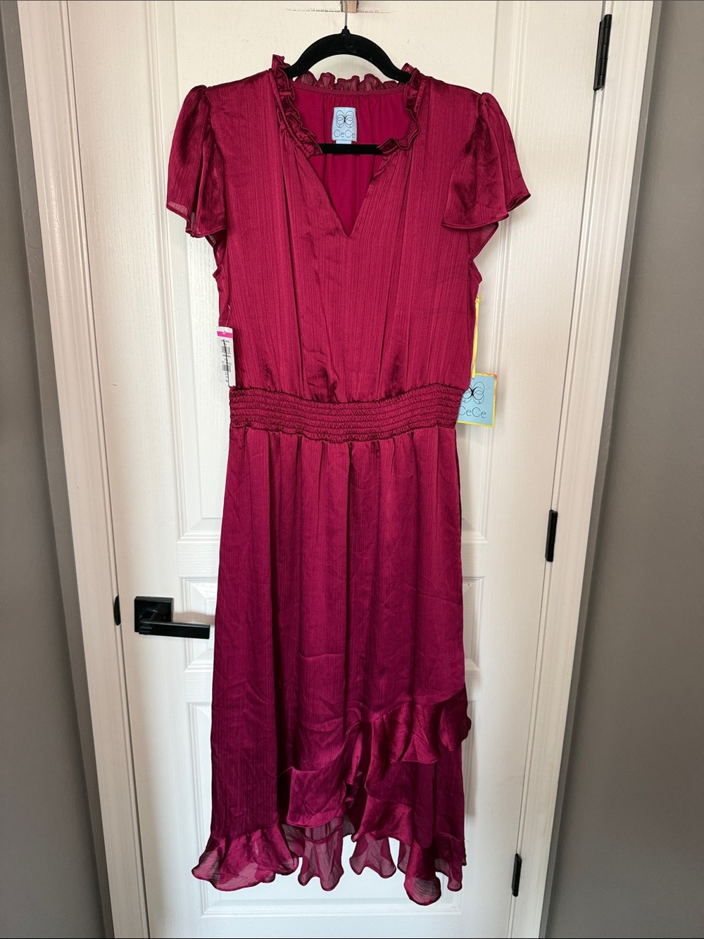 CeCe Deep Berry Ruffle-Trim Midi Dress
